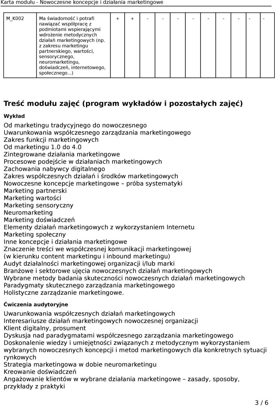 ..) + + - - - - - - - - - Treść modułu zajęć (program wykładów i pozostałych zajęć) Wykład Od marketingu tradycyjnego do nowoczesnego Uwarunkowania współczesnego zarządzania marketingowego Zakres