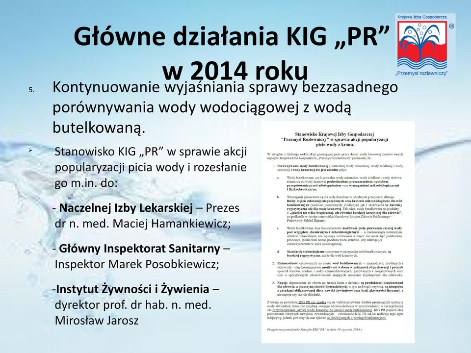 Stanowisko KIG PR w sprawie akcji popularyzacji picia wody i rozesłanie go m.in.