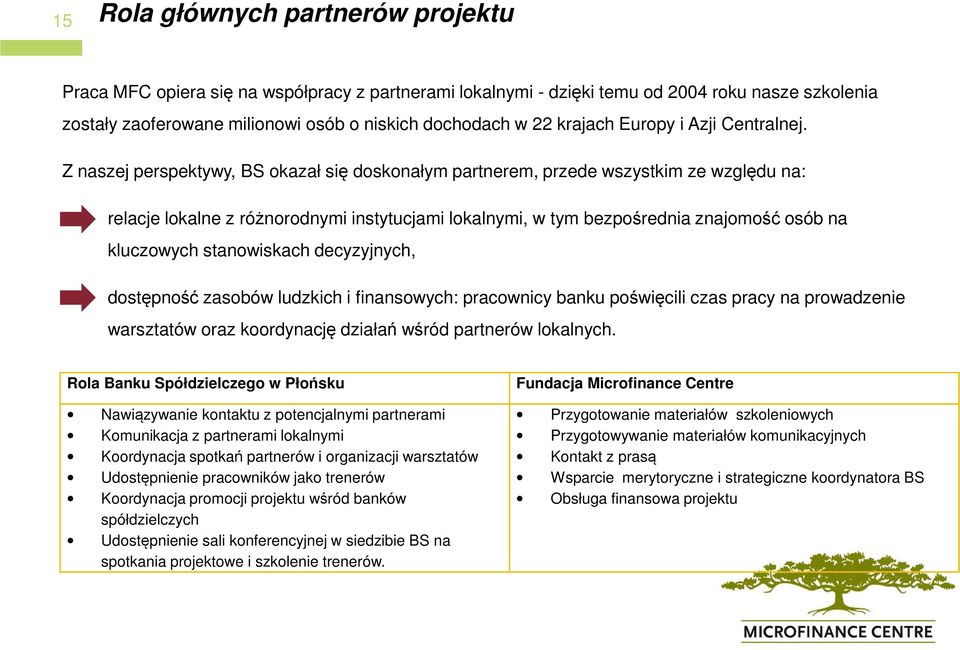 Z naszej perspektywy, BS okazał się doskonałym partnerem, przede wszystkim ze względu na: relacje lokalne z różnorodnymi instytucjami lokalnymi, w tym bezpośrednia znajomość osób na kluczowych