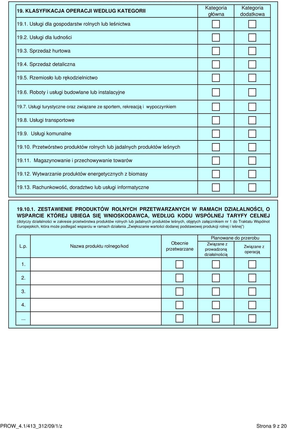 Usługi transportowe 19.9. Usługi komunalne 19.10. Przetwórstwo produktów rolnych lub jadalnych produktów leśnych 19.11. Magazynowanie i przechowywanie towarów 19.12.