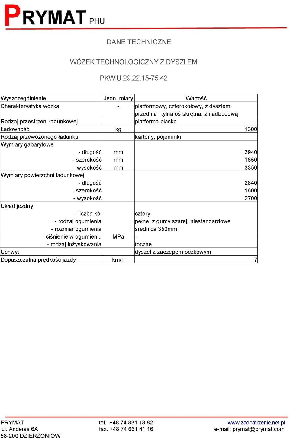 1300 Rodzaj przewożonego ładunku kartony, pojemniki Wymiary gabarytowe - długość mm 3940 - szerokość mm 1650 - wysokość mm 3350 Wymiary powierzchni ładunkowej - długość 2840