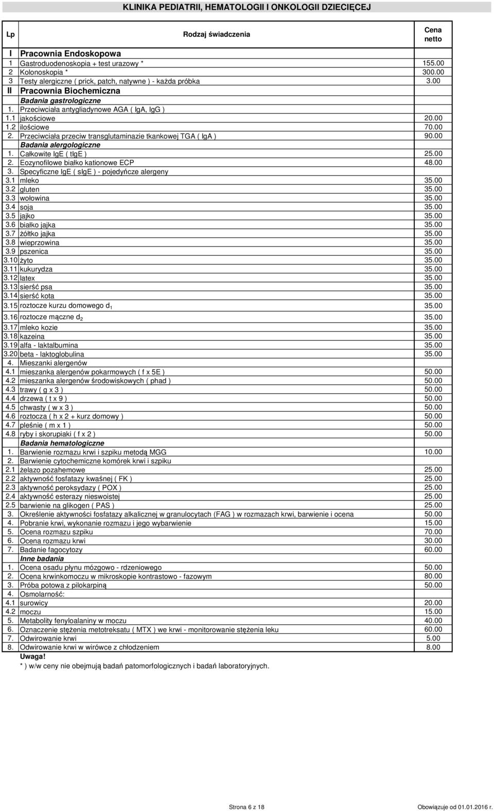 2 ilościowe 70.00 2. Przeciwciała przeciw transglutaminazie tkankowej TGA ( IgA ) 90.00 Badania alergologiczne 1. Całkowite IgE ( tige ) 25.00 2. Eozynofilowe białko kationowe ECP 48.00 3.