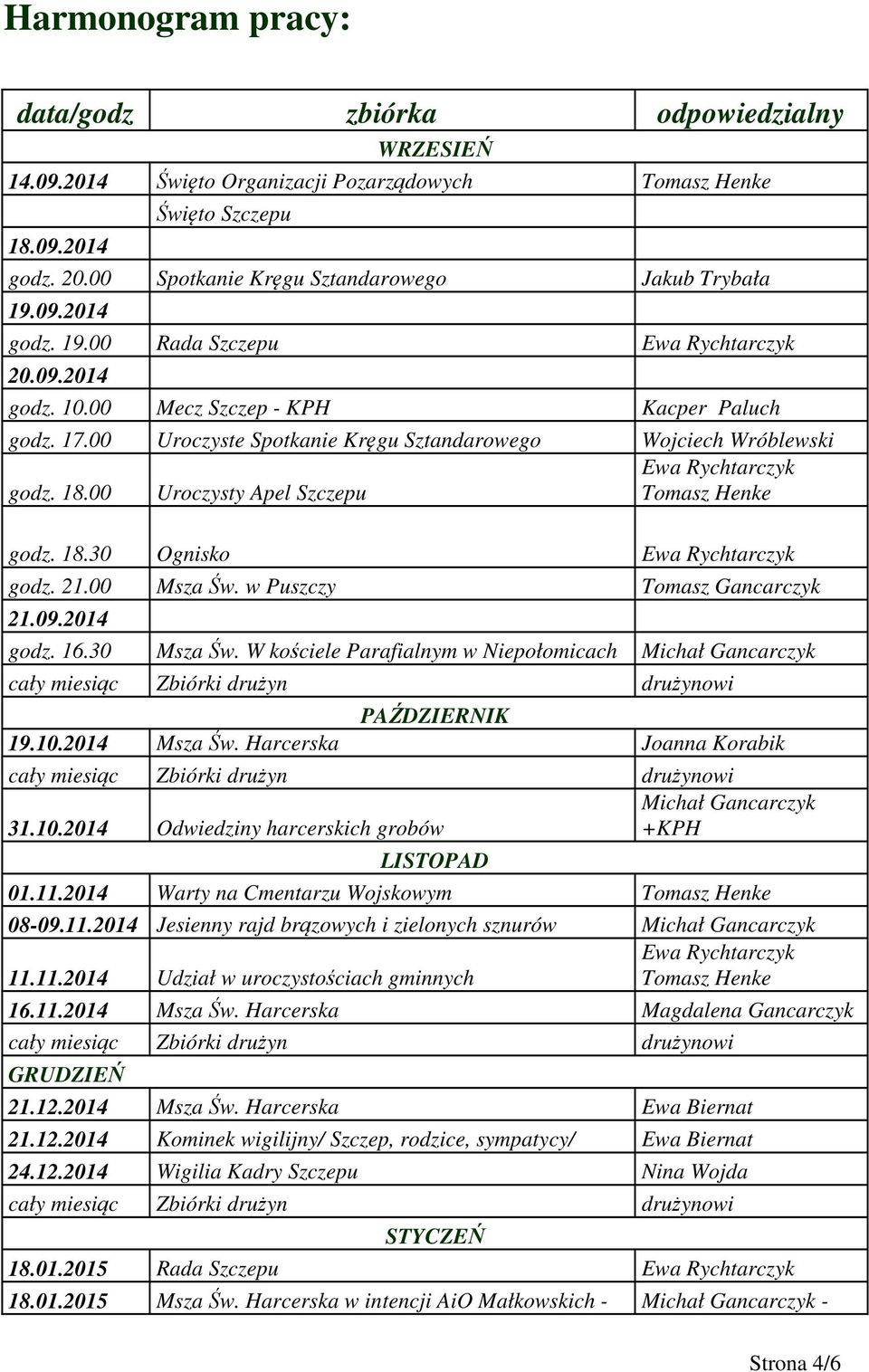 00 Uroczyste Spotkanie Kręgu Sztandarowego Wojciech Wróblewski Ewa Rychtarczyk godz. 18.00 Uroczysty Apel Szczepu Tomasz Henke godz. 18.30 Ognisko Ewa Rychtarczyk godz. 21.00 Msza Św.