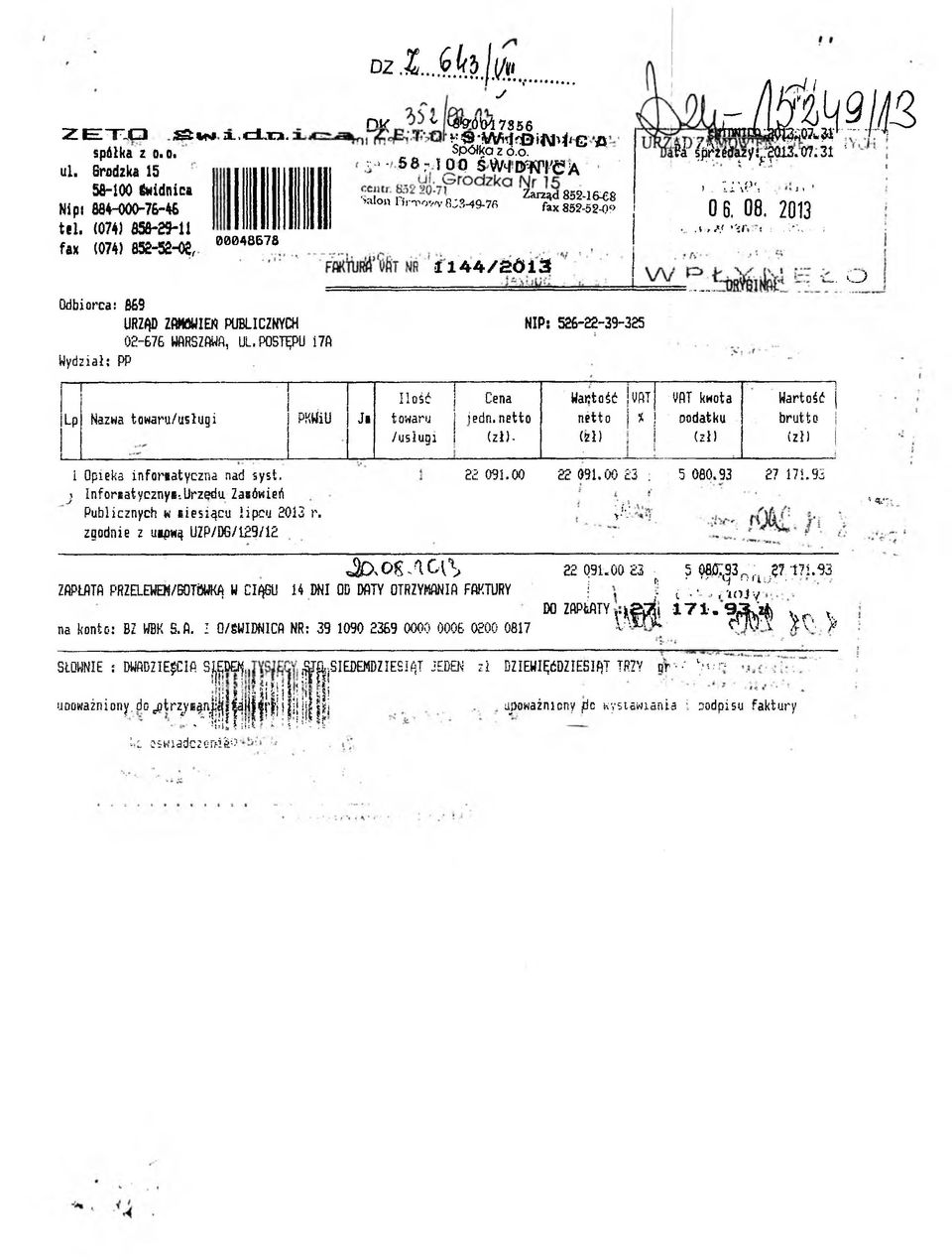 > { f K I :. ;*.. ;.. o Odborca: 869 URZĄD ZflHÓUIEK PUBLICZNYCH 02-676 WARSZAWA, UL.