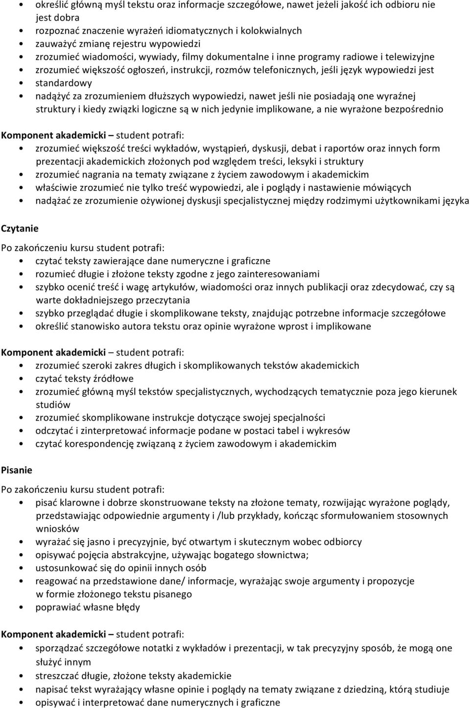 nadążyć za zrozumieniem dłuższych wypowiedzi, nawet jeśli nie posiadają one wyraźnej struktury i kiedy związki logiczne są w nich jedynie implikowane, a nie wyrażone bezpośrednio zrozumieć większość