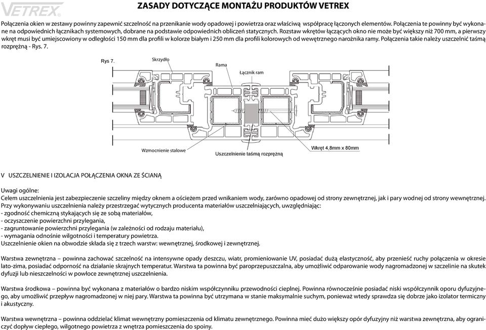 Rozstaw wkrętów łączących okno nie może być większy niż 700 mm, a pierwszy wkręt musi być umiejscowiony w odległości 150 mm dla profili w kolorze białym i 250 mm dla profili kolorowych od wewętrznego
