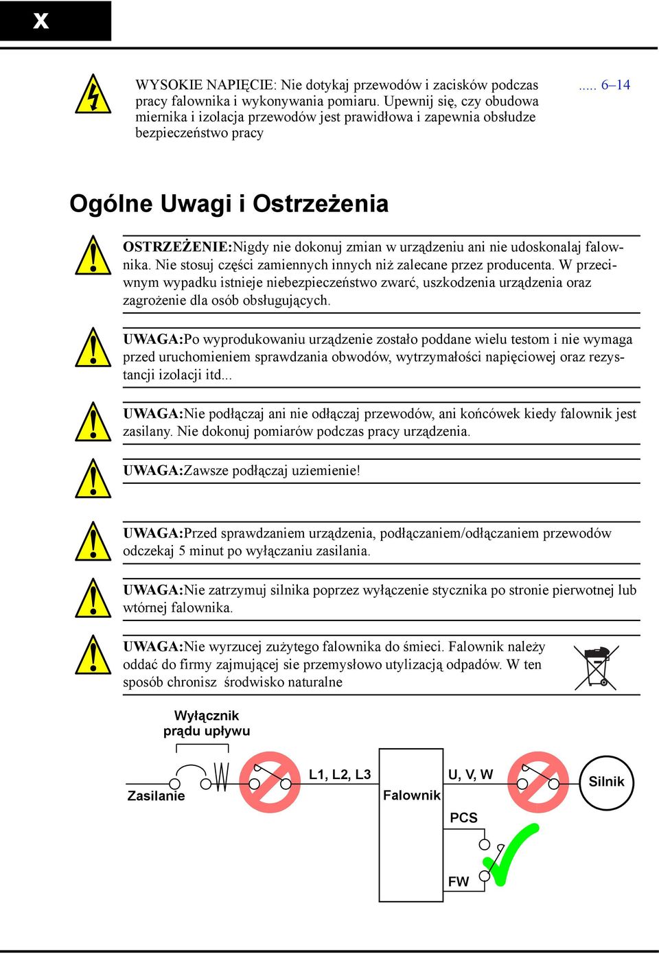 .. 6 14 Ogólne Uwagi i Ostrzeżenia OSTRZEŻENIE:Nigdy nie dokonuj zmian w urządzeniu ani nie udoskonalaj falownika. Nie stosuj części zamiennych innych niż zalecane przez producenta.