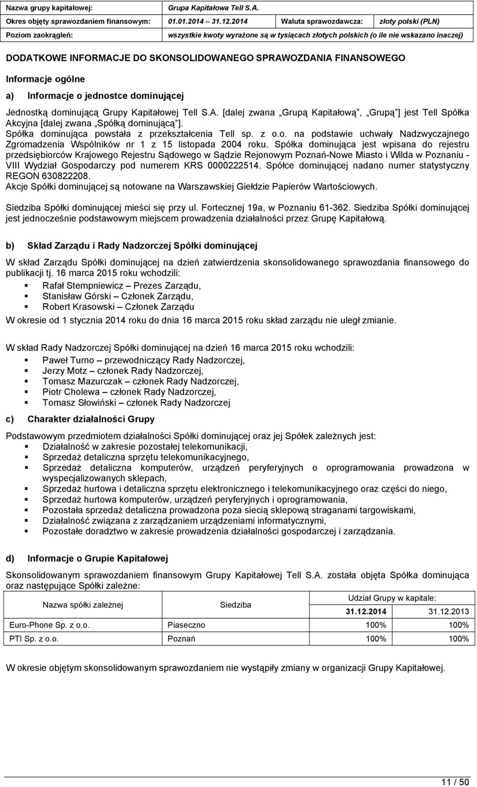 Spółka dominująca jest wpisana do rejestru przedsiębiorców Krajowego Rejestru Sądowego w Sądzie Rejonowym Poznań-Nowe Miasto i Wilda w Poznaniu - VIII Wydział Gospodarczy pod numerem KRS 0000222514.