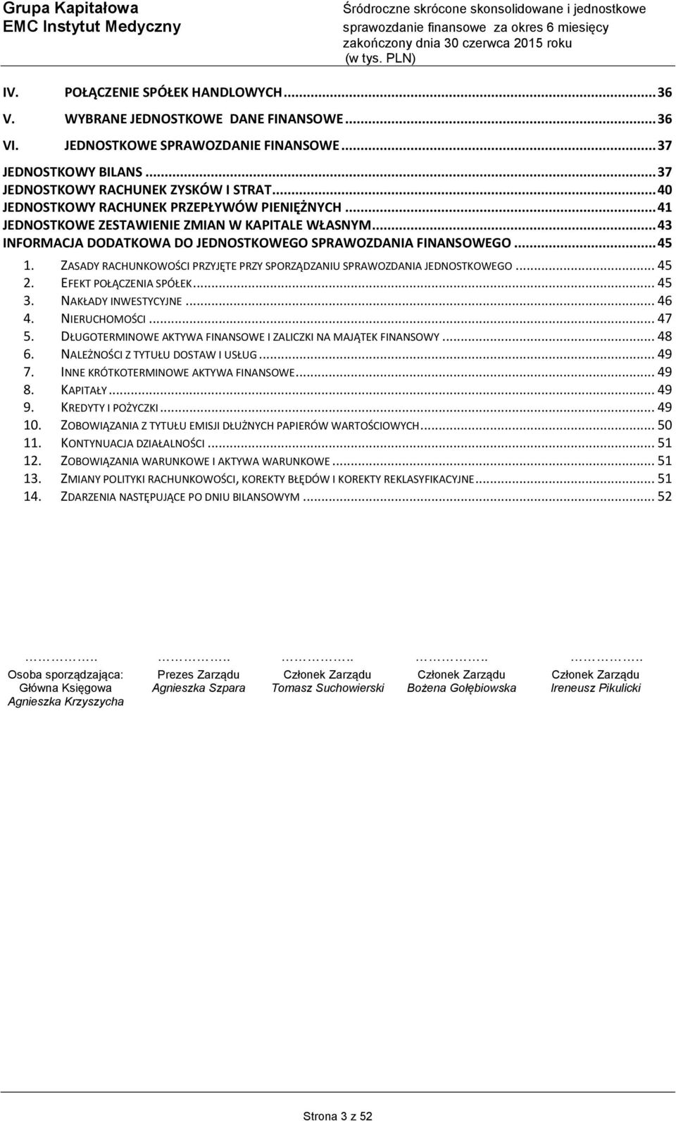 .. 41 JEDNOSTKOWE ZESTAWIENIE ZMIAN W KAPITALE WŁASNYM... 43 INFORMACJA DODATKOWA DO JEDNOSTKOWEGO SPRAWOZDANIA FINANSOWEGO... 45 1.