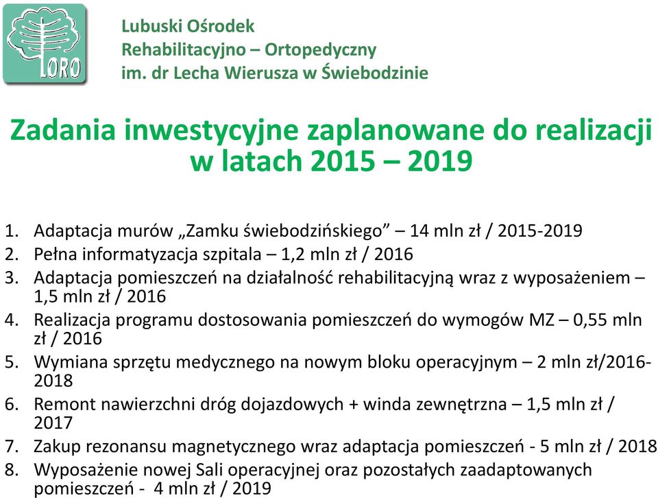 Realizacja programu dostosowania pomieszczeń do wymogów MZ 0,55 mln zł / 2016 5. Wymiana sprzętu medycznego na nowym bloku operacyjnym 2 mln zł/2016-2018 6.