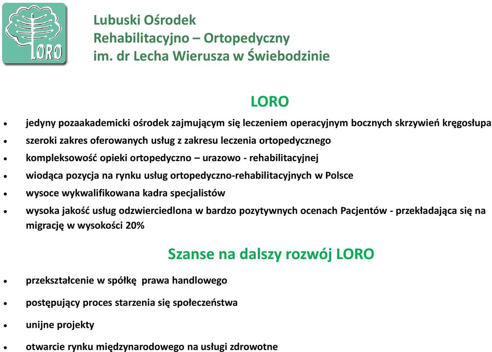 wykwalifikowana kadra specjalistów wysoka jakość usług odzwierciedlona w bardzo pozytywnych ocenach Pacjentów - przekładająca się na migrację w wysokości 20%