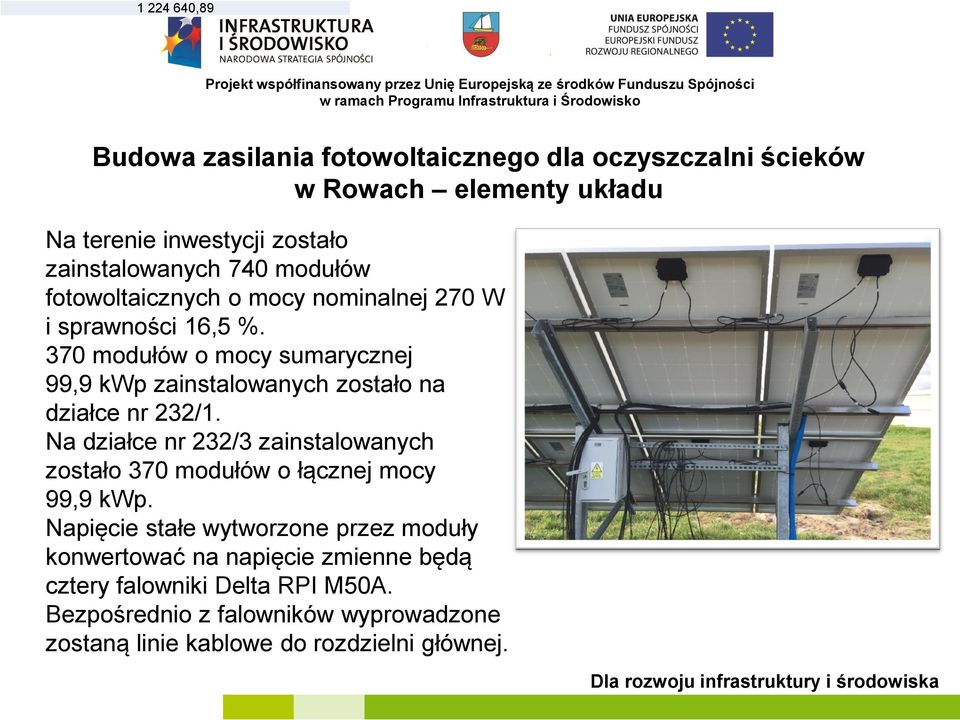 370 modułów o mocy sumarycznej 99,9 kwp zainstalowanych zostało na działce nr 232/1.