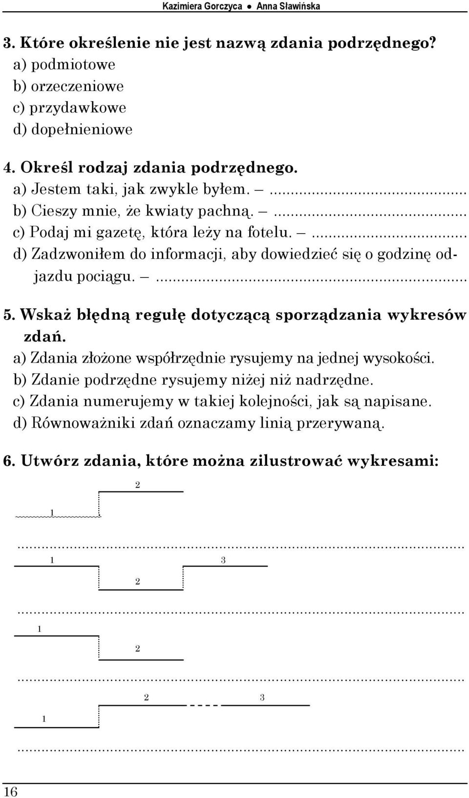 ... d) Zadzwoniłem do informacji, aby dowiedzieć się o godzinę odjazdu pociągu.... 5. Wskaż błędną regułę dotyczącą sporządzania wykresów zdań.