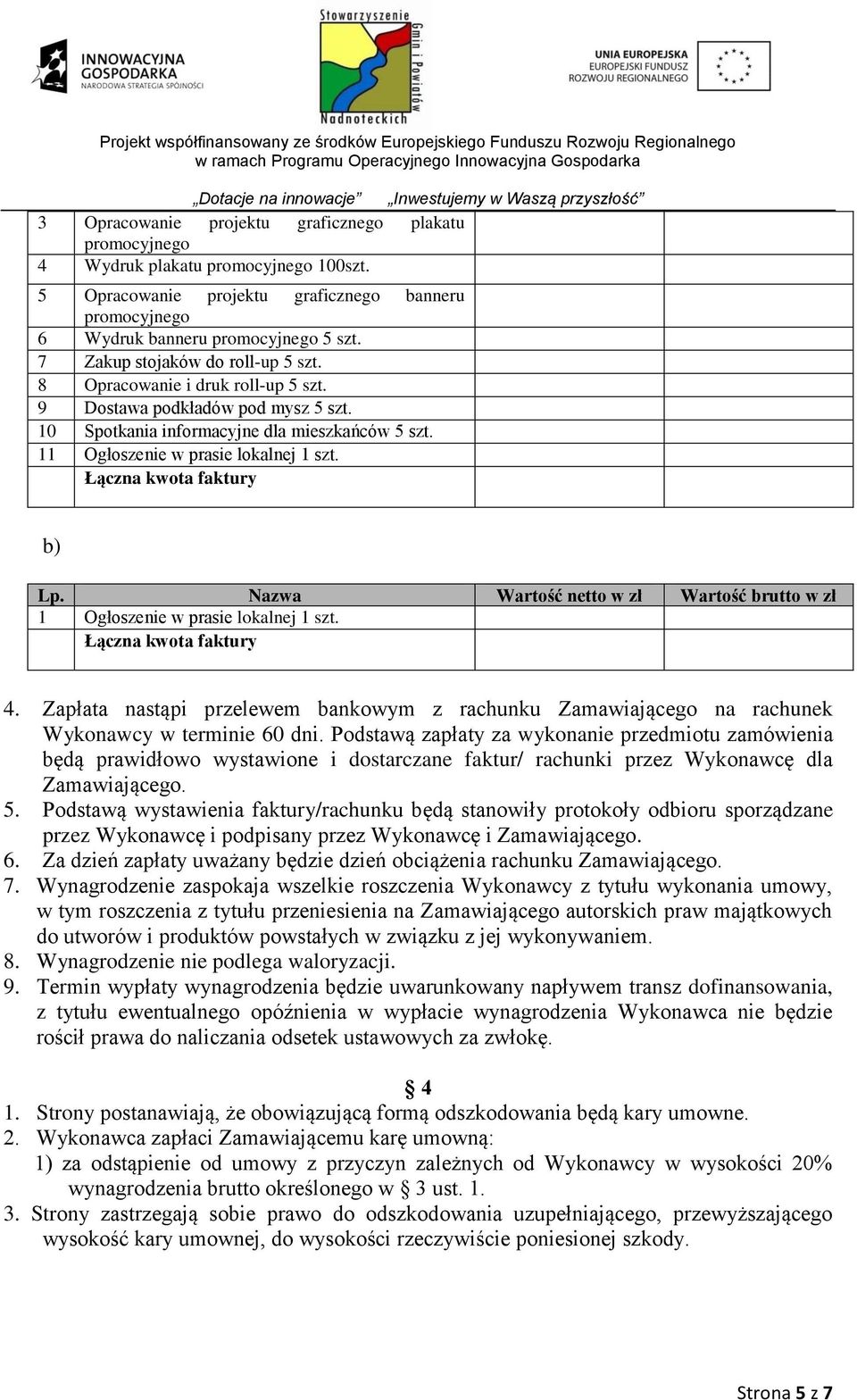 Nazwa Wartość netto w zł Wartość brutto w zł 1 Ogłoszenie w prasie lokalnej 1 szt. Łączna kwota faktury 4.