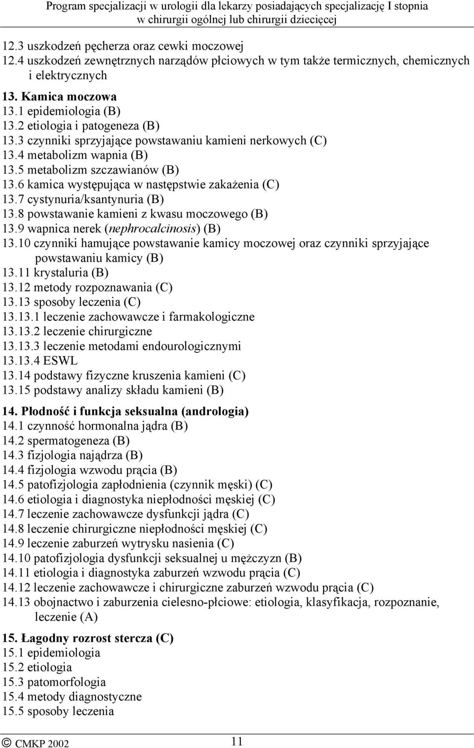 6 kamica występująca w następstwie zakażenia (C) 13.7 cystynuria/ksantynuria (B) 13.8 powstawanie kamieni z kwasu moczowego (B) 13.9 wapnica nerek (nephrocalcinosis) (B) 13.