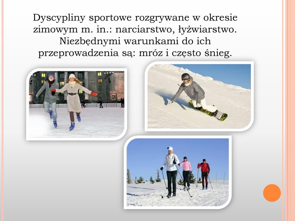 : narciarstwo, łyżwiarstwo.