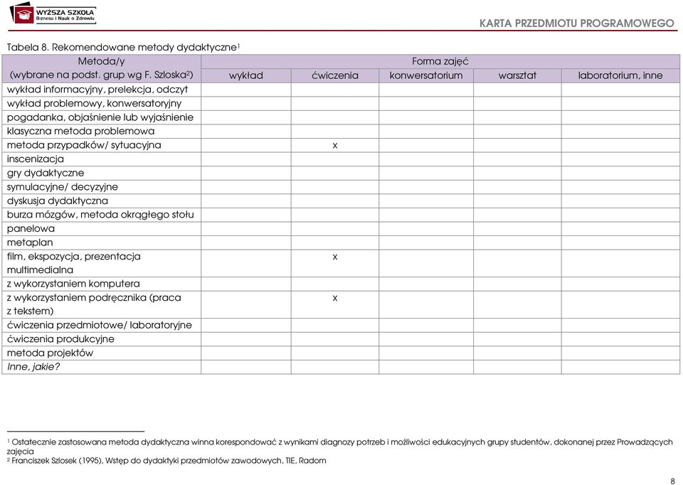 gry dydaktyczne symulacyjne/ decyzyjne dyskusja dydaktyczna burza mózgów, metoda okrągłego stołu panelowa metaplan film, ekspozycja, prezentacja multimedialna z wykorzystaniem komputera z