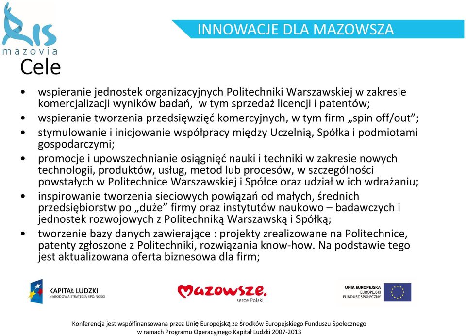 produktów, usług, metod lub procesów, w szczególności powstałych w Politechnice Warszawskiej i Spółce oraz udziałw ich wdrażaniu; inspirowanie tworzenia sieciowych powiązańod małych, średnich