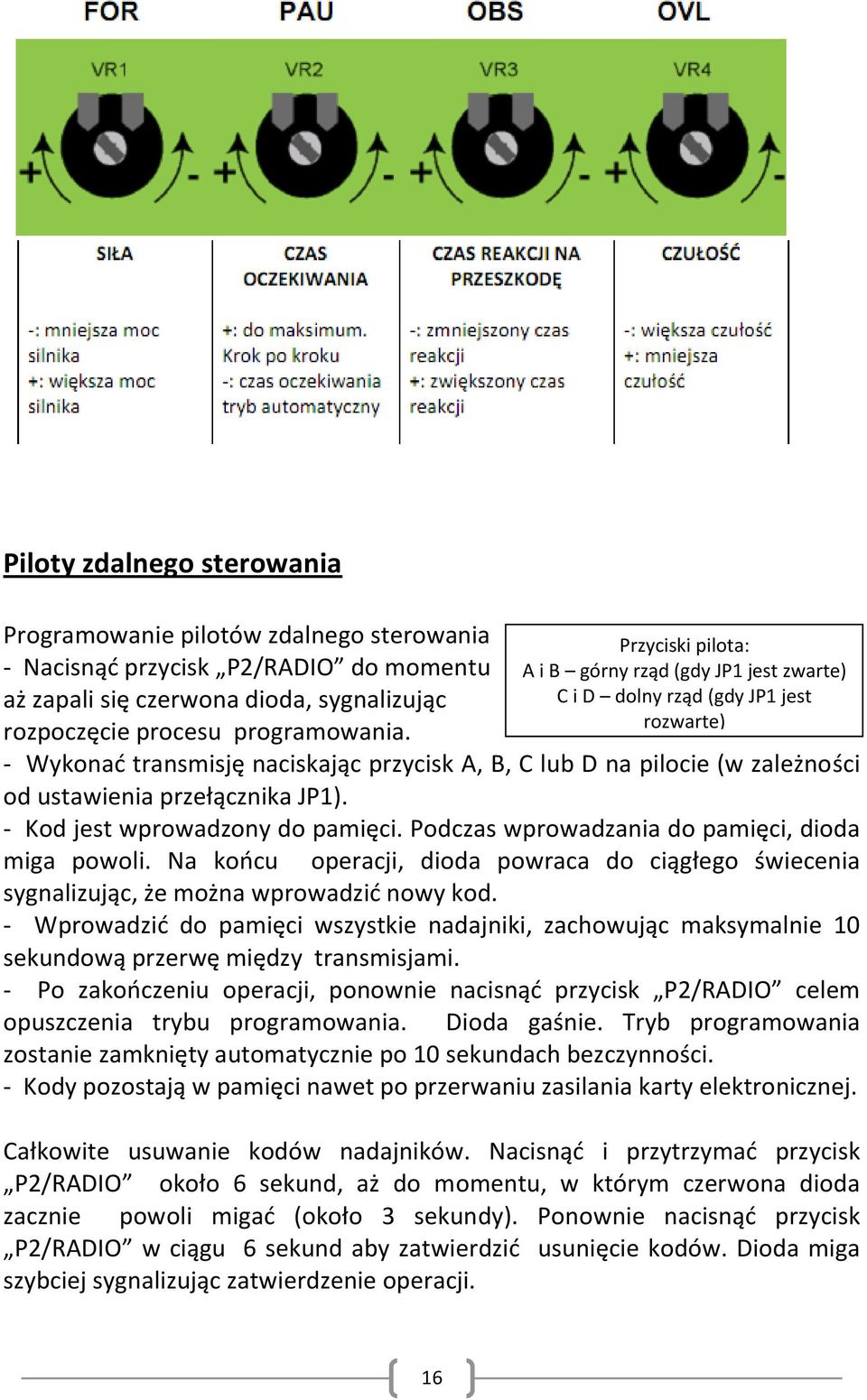 przełącznika JP1). - Kod jest wprowadzony do pamięci. Podczas wprowadzania do pamięci, dioda miga powoli.