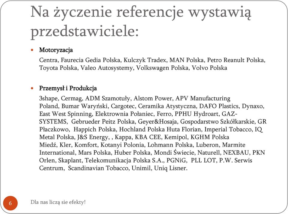 Elektrownia Połaniec, Ferro, PPHU Hydroart, GAZ- SYSTEMS, Gebrueder Peitz Polska, Geyer&Hosaja, Gospodarstwo Szkółkarskie, GR Płaczkowo, Happich Polska, Hochland Polska Huta Florian, Imperial