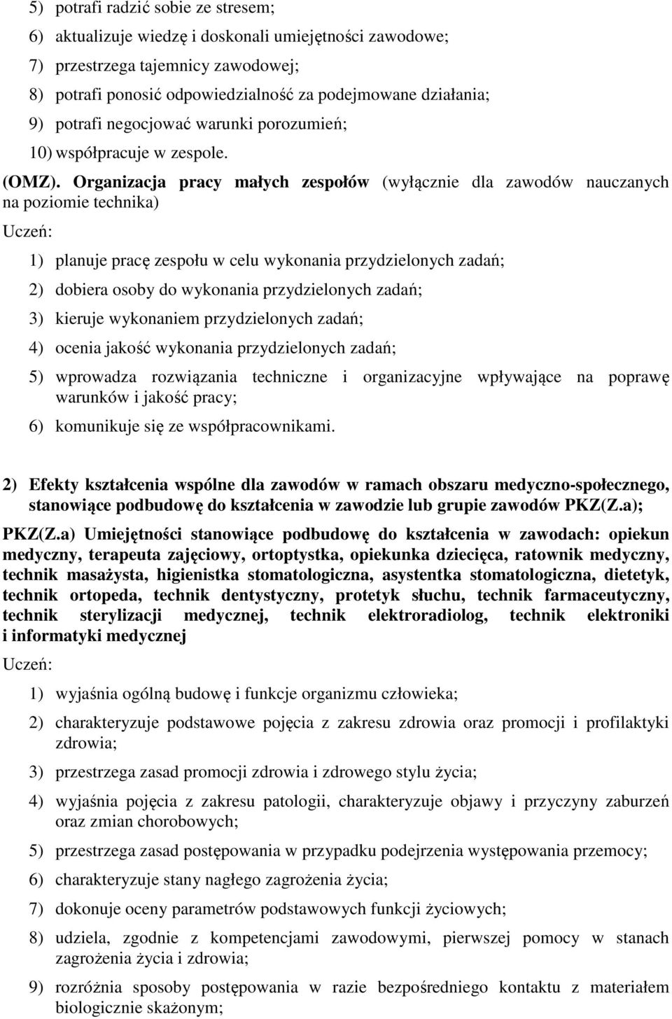Organizacja pracy małych zespołów (wyłącznie dla zawodów nauczanych na poziomie technika) 1) planuje pracę zespołu w celu wykonania przydzielonych zadań; 2) dobiera osoby do wykonania przydzielonych