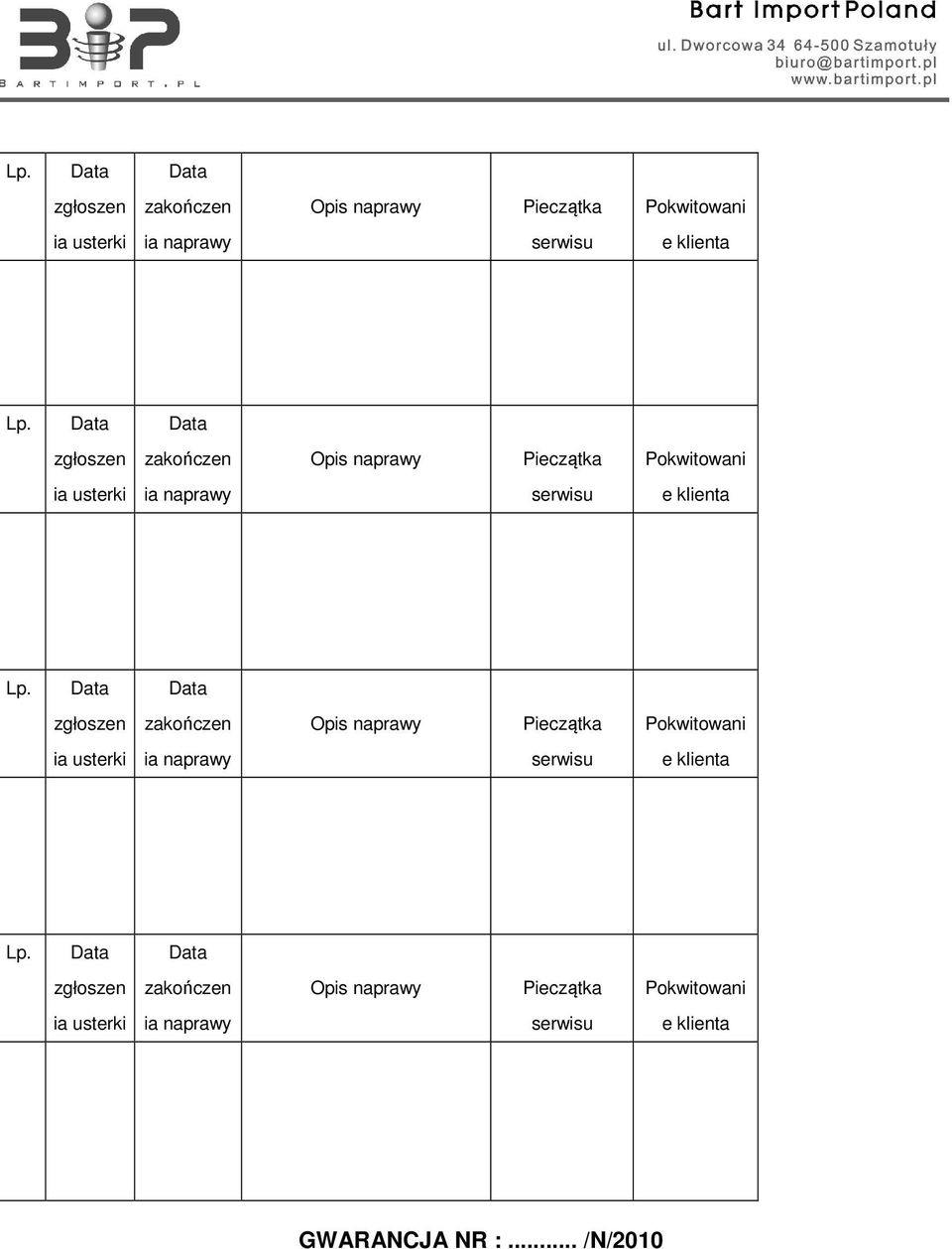 Data zgłoszen zakończen Opis naprawy Pieczątka Pokwitowani ia usterki ia naprawy serwisu e klienta GWARANCJA NR :.