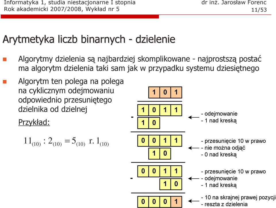 dzielenia taki sam jak w przypadku systemu dziesiętnego Algorytm ten polega na polega