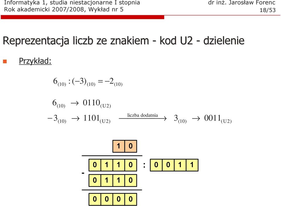 U2 - dzielenie Przykład: 6 ( 0) : ( 3) =
