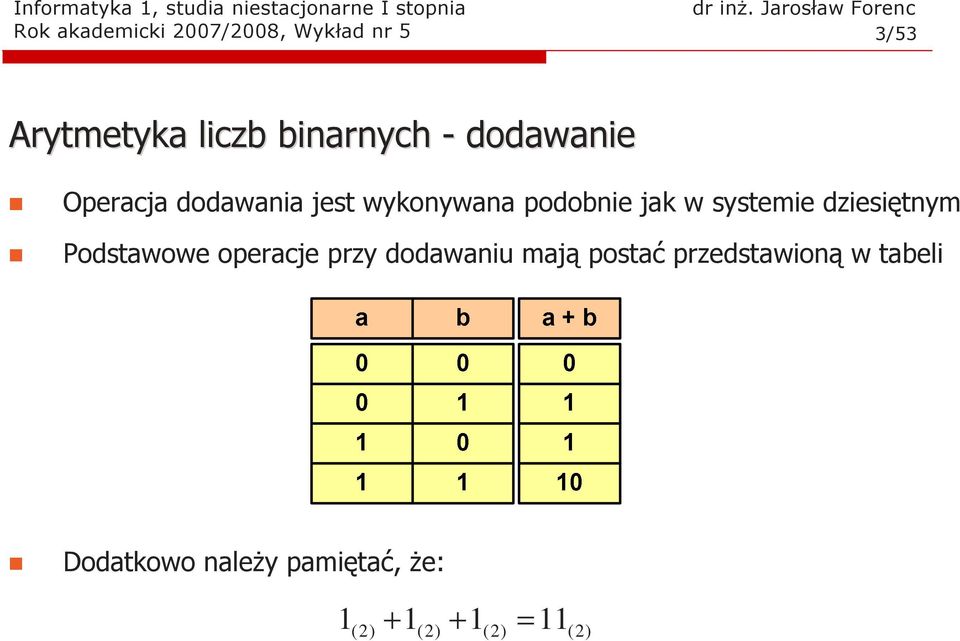 jak w systemie dziesiętnym Podstawowe operacje przy dodawaniu mają