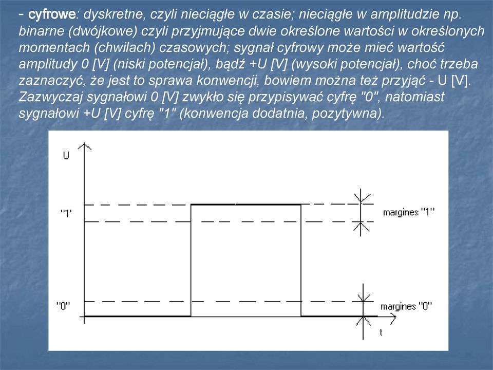 może mieć wartość amplitudy 0 [V] (niski potencjał), bądź +U [V] (wysoki potencjał), choć trzeba zaznaczyć, że jest to