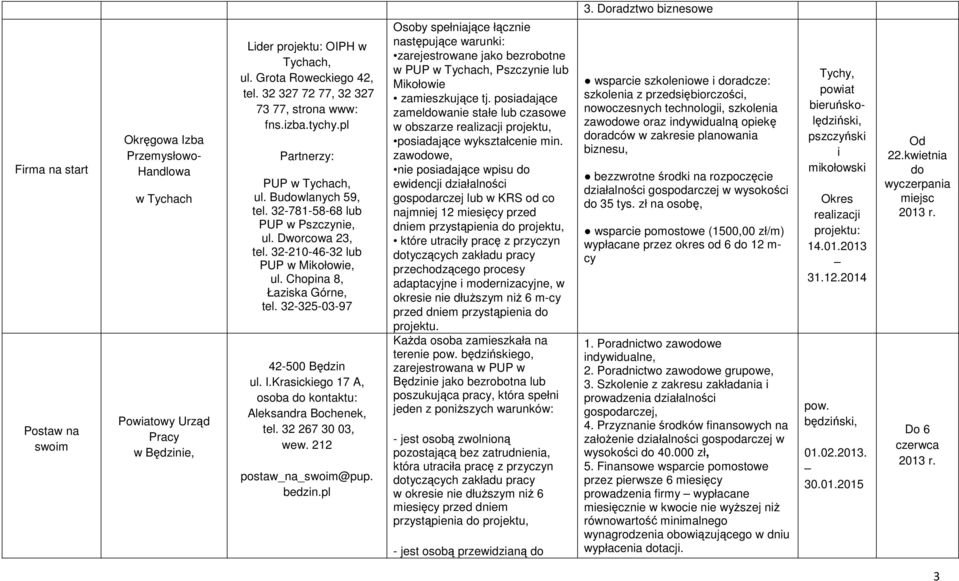 Chopina 8, Łaziska Górne, tel. 32-325-03-97 42-500 Będzin ul. I.Krasickiego 17 A, osoba kontaktu: Aleksandra Bochenek, tel. 32 267 30 03, wew. 212 postaw_na_swoim@pup. bedzin.