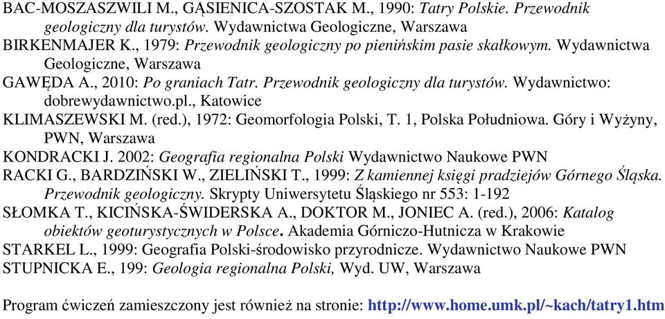 pl., Katowice KLIMASZEWSKI M. (red.), 1972: Geomorfologia Polski, T. 1, Polska Południowa. Góry i Wyżyny, PWN, Warszawa KONDRACKI J. 2002: Geografia regionalna Polski Wydawnictwo Naukowe PWN RACKI G.