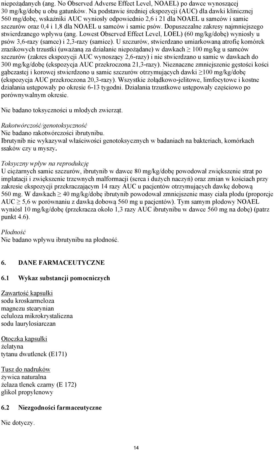 Dopuszczalne zakresy najmniejszego stwierdzanego wpływu (ang. Lowest Observed Effect Level, LOEL) (60 mg/kg/dobę) wyniosły u psów 3,6-razy (samce) i 2,3-razy (samice).