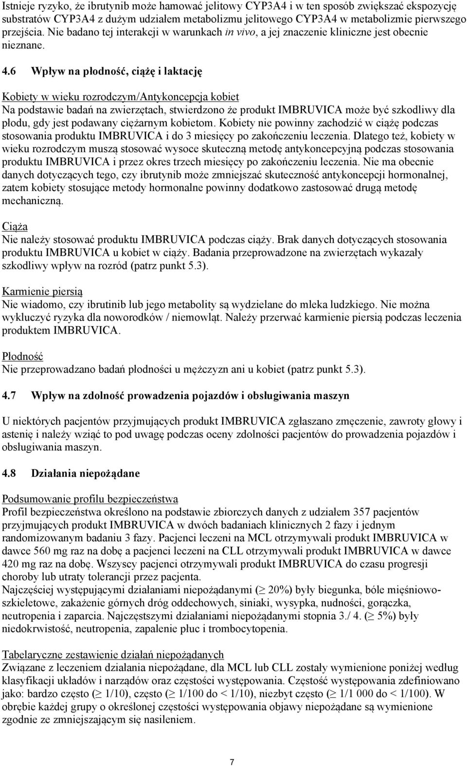 6 Wpływ na płodność, ciążę i laktację Kobiety w wieku rozrodczym/antykoncepcja kobiet Na podstawie badań na zwierzętach, stwierdzono że produkt IMBRUVICA może być szkodliwy dla płodu, gdy jest