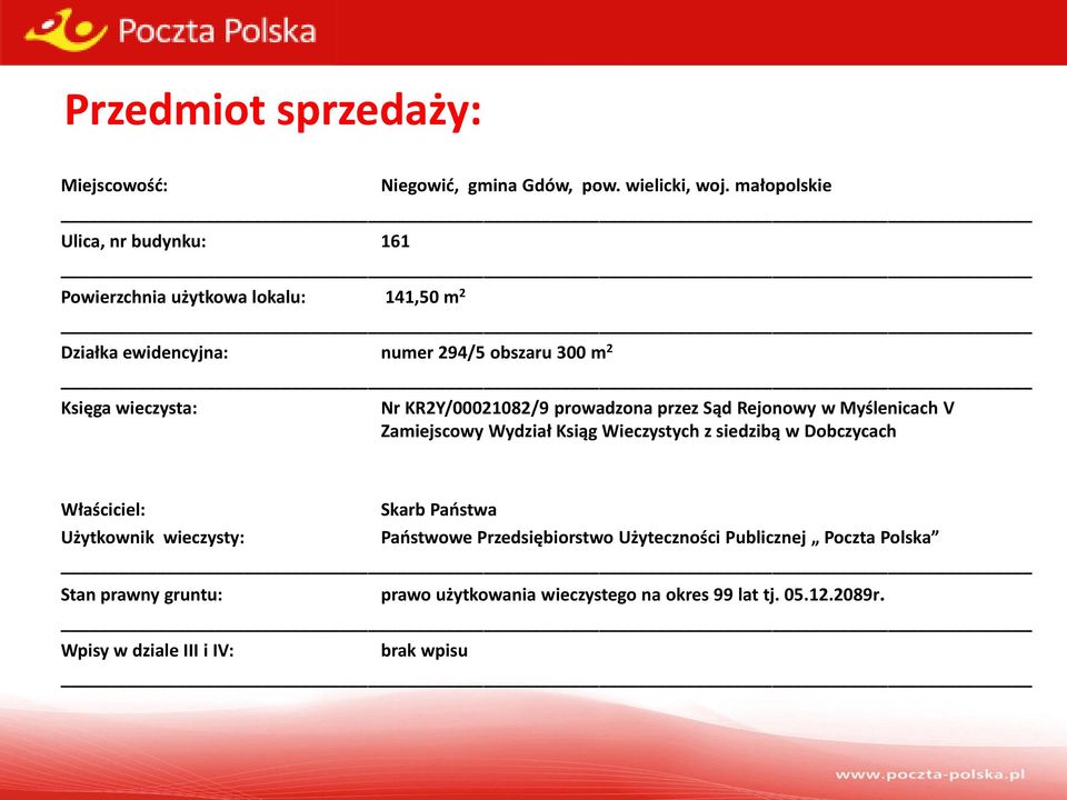 Nr KR2Y/00021082/9 prowadzona przez Sąd Rejonowy w Myślenicach V Zamiejscowy Wydział Ksiąg Wieczystych z siedzibą w Dobczycach Właściciel: Skarb