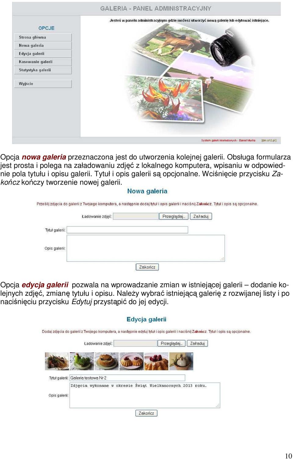 Tytuł i opis galerii są opcjonalne. Wciśnięcie przycisku Zakończ kończy tworzenie nowej galerii.