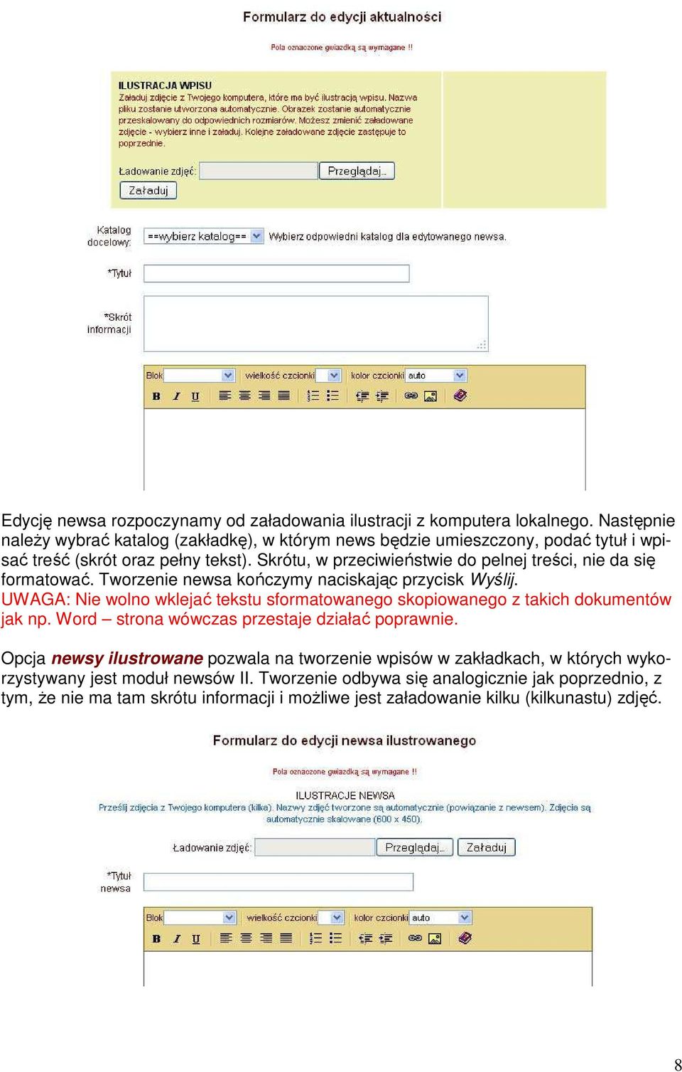 Skrótu, w przeciwieństwie do pelnej treści, nie da się formatować. Tworzenie newsa kończymy naciskając przycisk Wyślij.