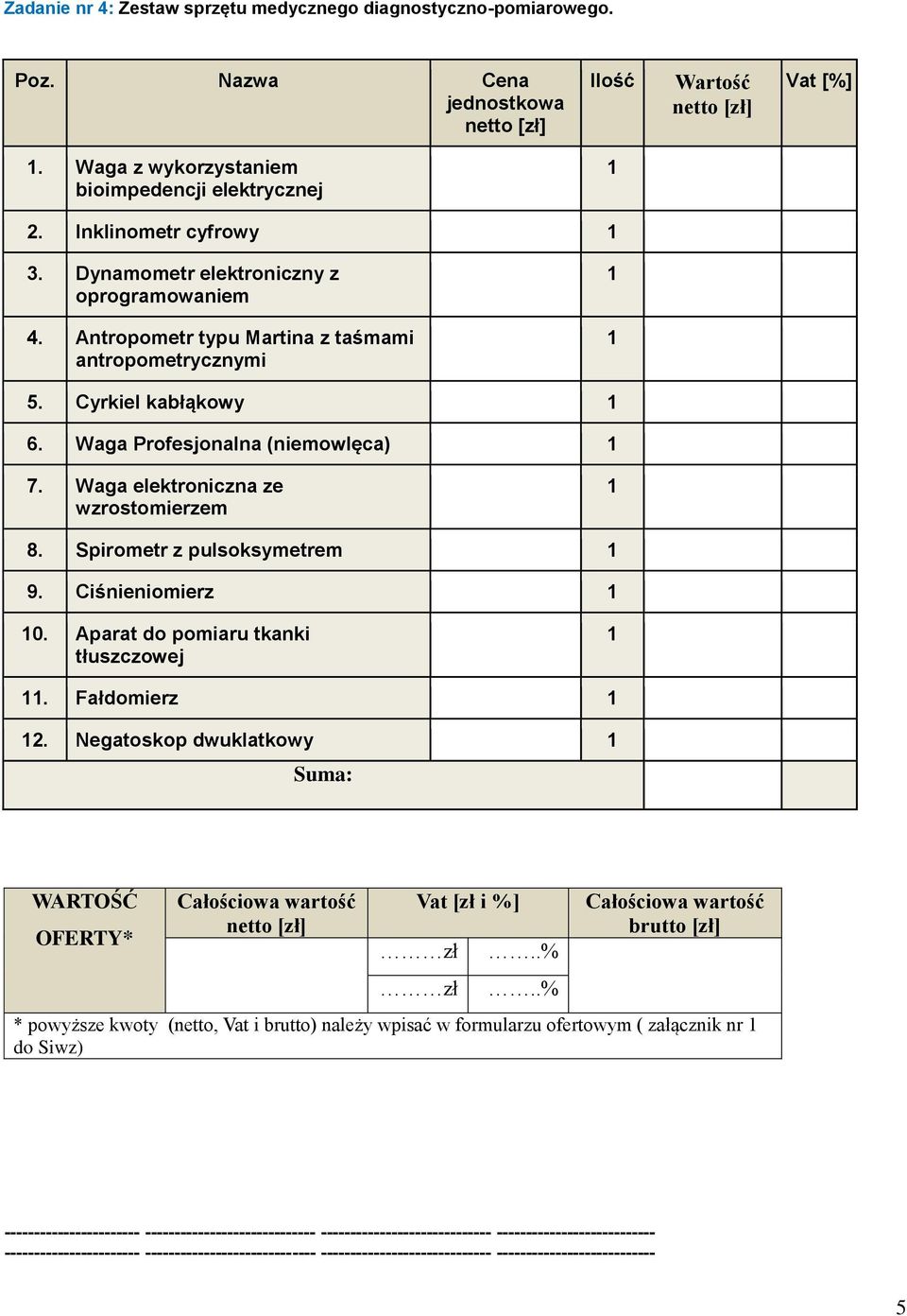 Cyrkiel kabłąkowy 6. Waga Profesjonalna (niemowlęca) 7. Waga elektroniczna ze wzrostomierzem 8. Spirometr z pulsoksymetrem 9.