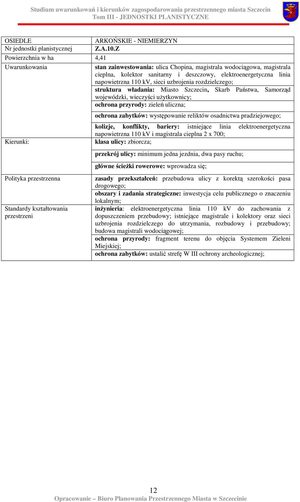 uzbrojenia rozdzielczego; struktura władania: Miasto Szczecin, Skarb Państwa, Samorząd wojewódzki, wieczyści uŝytkownicy; ochrona przyrody: zieleń uliczna; ochrona zabytków: występowanie reliktów