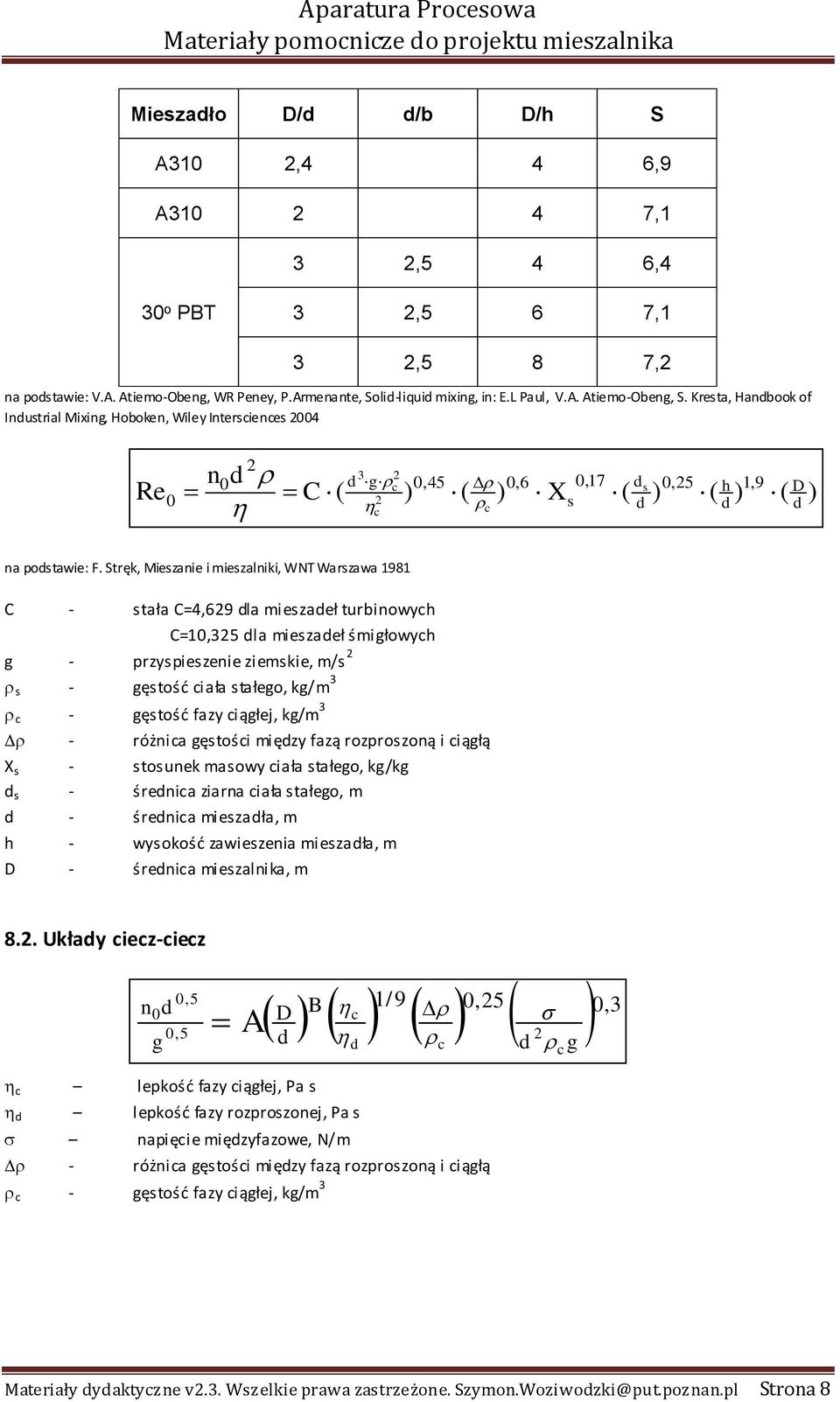 Kresta, Hanbook of Inustrial Mixing, Hoboken, Wiley Intersienes 004 Re n0 C ( 0 3 g 0,45 ( 0,6 X 0,17 s ( s 0,5 ( h 1,9 ( D na postawie: F.