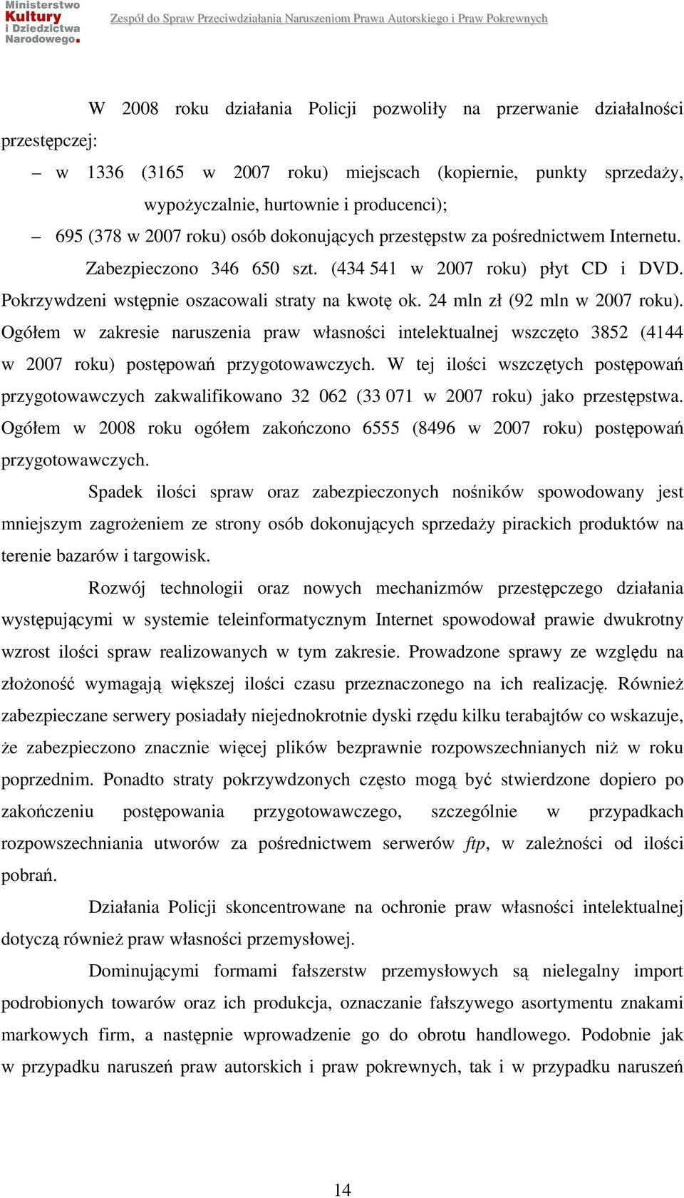 24 mln zł (92 mln w 2007 roku). Ogółem w zakresie naruszenia praw własności intelektualnej wszczęto 3852 (4144 w 2007 roku) postępowań przygotowawczych.