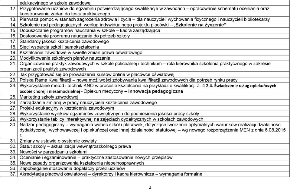 Szkolenie rad pedagogicznych według indywidualnego projektu placówki Szkolenie na życzenie 15. Dopuszczanie programów nauczania w szkole kadra zarządzająca 16.