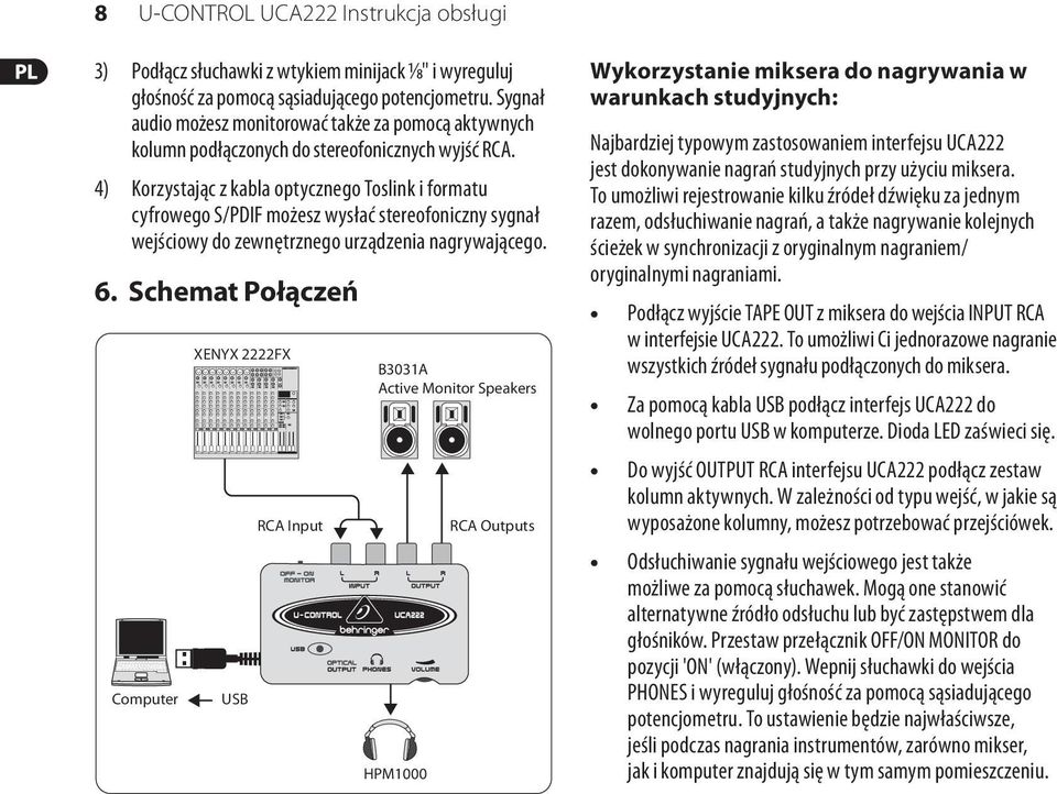 4) Korzystając z kabla optycznego Toslink i formatu cyfrowego S/PDIF możesz wysłać stereofoniczny sygnał wejściowy do zewnętrznego urządzenia nagrywającego. 6.