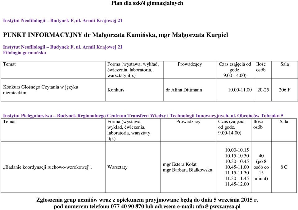 00 20-25 206 F Instytut Pielęgniarstwa Budynek Regionalnego Centrum Transferu Wiedzy i Technologii Innowacyjnych, ul.