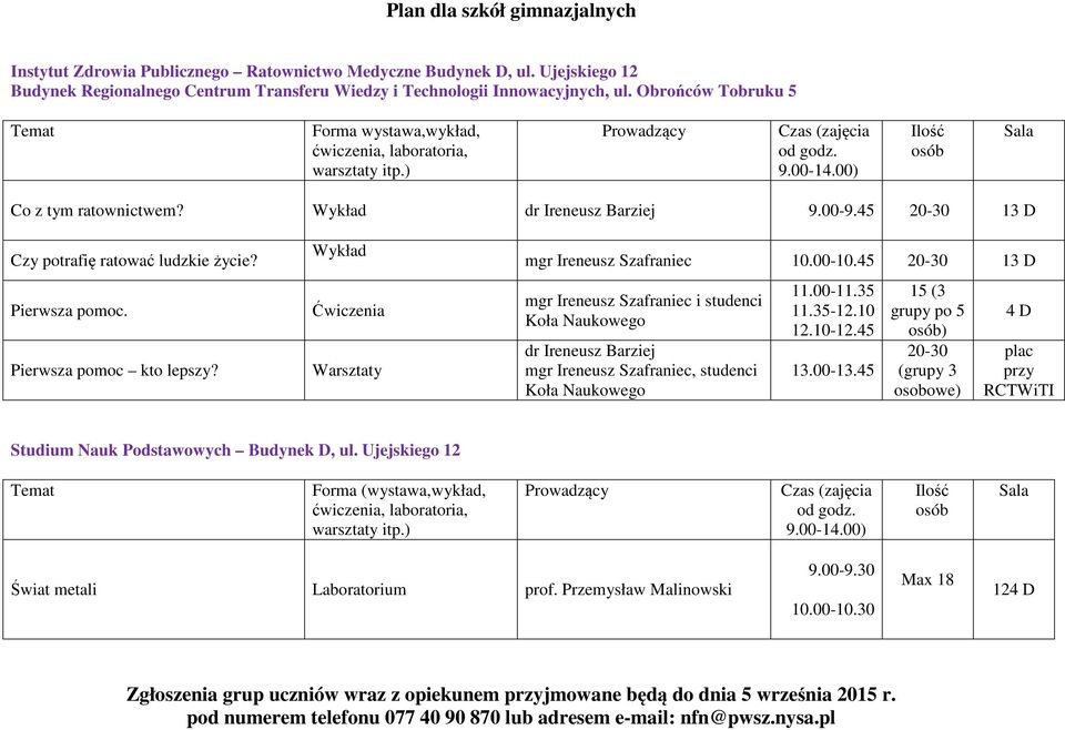 Pierwsza pomoc kto lepszy? Wykład Ćwiczenia Warsztaty mgr Ireneusz Szafraniec 10.00-10.