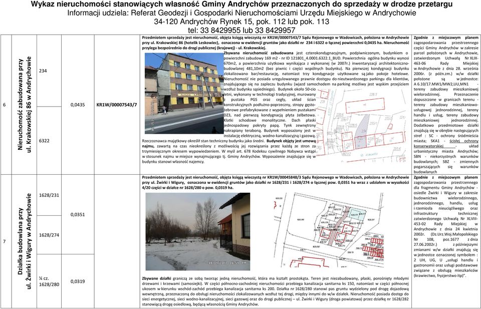 Krakowskiej 86 (hotelik Leskowiec), oznaczona w ewidencji gruntów jako działki nr 234 i 6322 o łącznej powierzchni 0,0435 ha. Nieruchomość przylega bezpośrednio do drogi publicznej (krajowej) - ul.