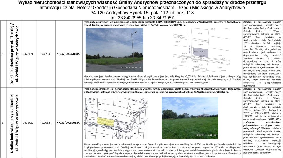 Andrychowie przy ul. Tkackiej, oznaczona w ewidencji gruntów jako działka nr 1428/71 o powierzchni 0,0734 ha. Nieruchomość jest niezabudowana i nieogrodzona.