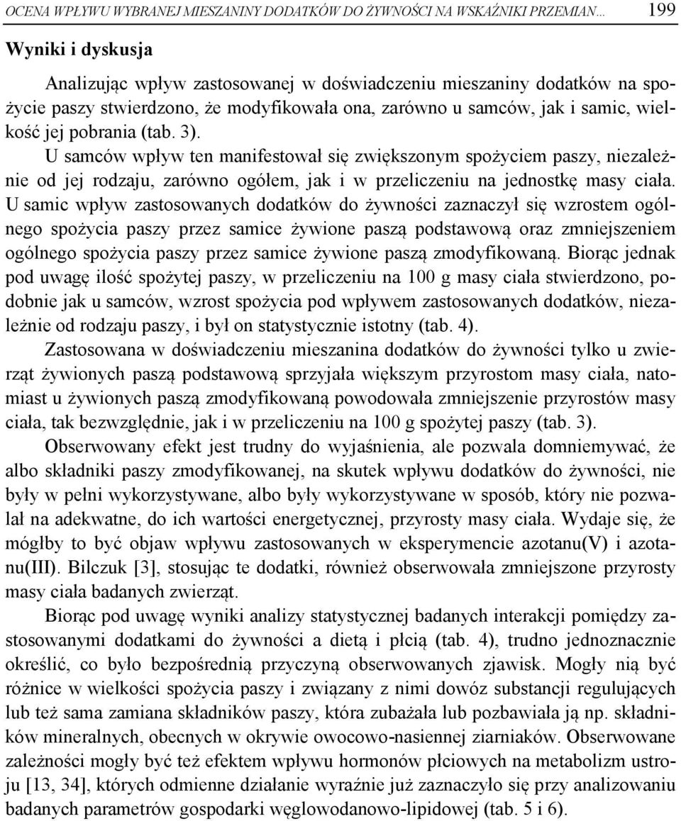 U samców wpływ ten manifestował się zwiększonym spożyciem paszy, niezależnie od jej rodzaju, zarówno ogółem, jak i w przeliczeniu na jednostkę masy ciała.