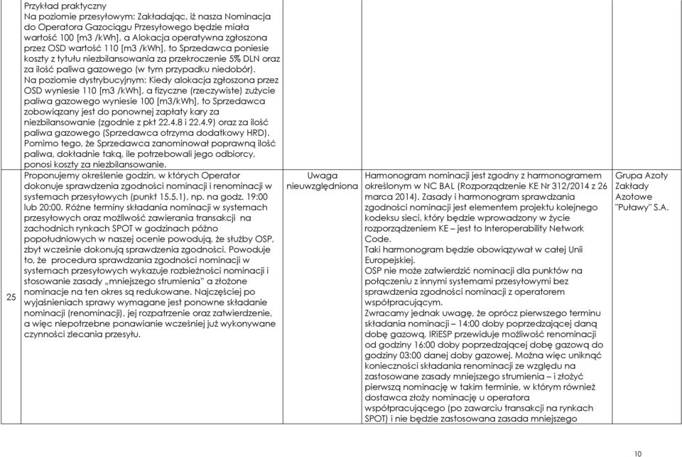 Na poziomie dystrybucyjnym: Kiedy alokacja zgłoszona przez OSD wyniesie 110 [m3 /kwh], a fizyczne (rzeczywiste) zużycie paliwa gazowego wyniesie 100 [m3/kwh], to Sprzedawca zobowiązany jest do
