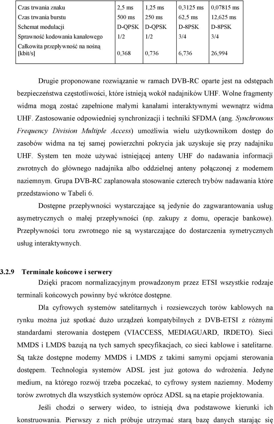 nadajników UHF. Wolne fragmenty widma mogą zostać zapełnione małymi kanałami interaktywnymi wewnątrz widma UHF. Zastosowanie odpowiedniej synchronizacji i techniki SFDMA (ang.